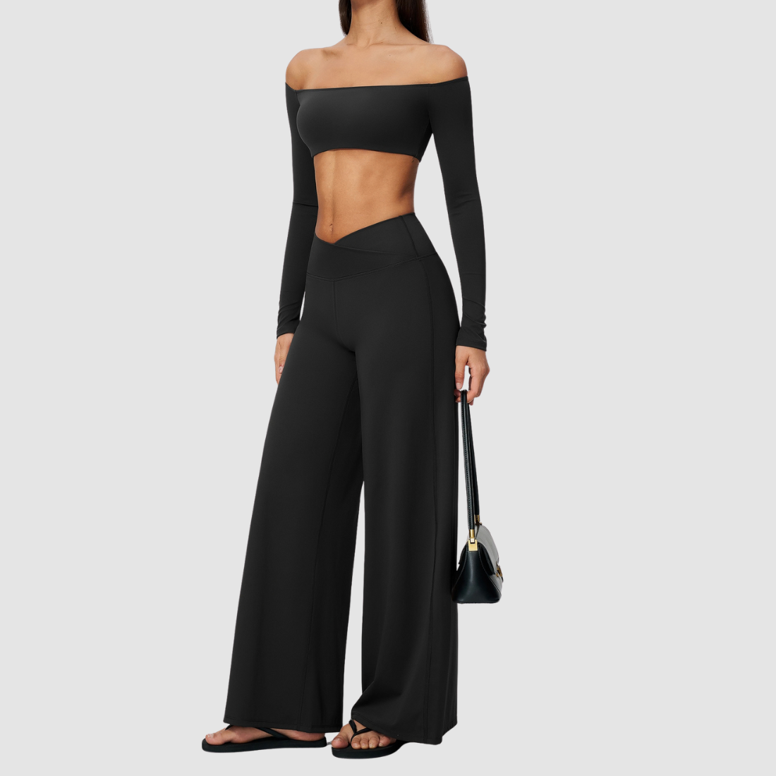 Wholesale Women's Long-Sleeve Tops + Wide-Leg Pants Fitness Two-Piece Set