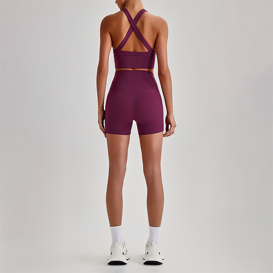 Wholesale Cross-Back Sports Bra & High-Waist Biker Shorts Set – Naked-Feel Quick-Dry Yoga 2-Piece