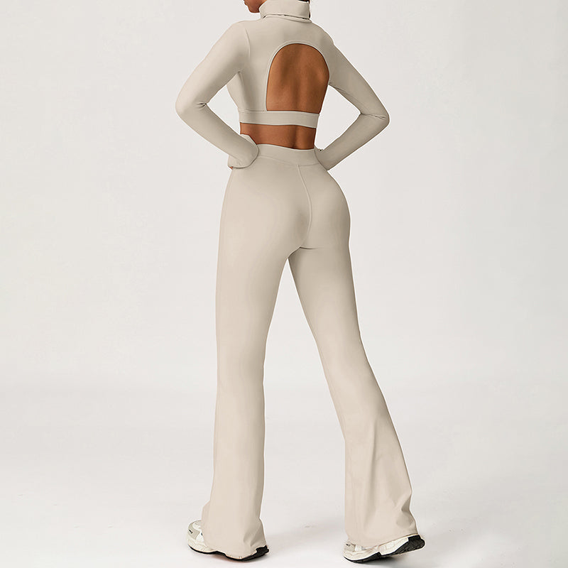High-Neck Cropped Long Sleeve + Flared Leg Pants 2-Piece Set