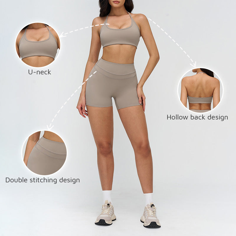 Halter-neck open-back sports bra + high-waisted shorts 2-piece set