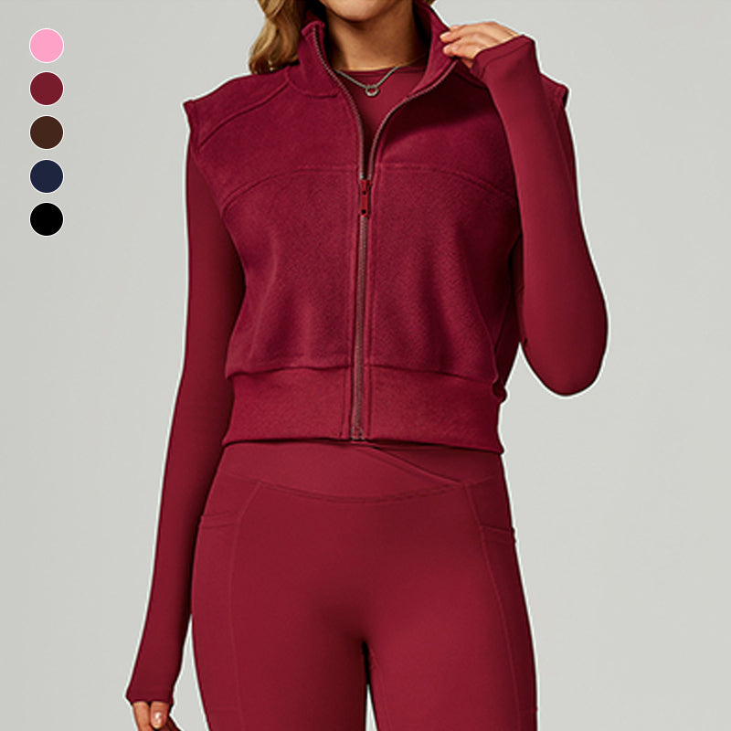 High neck and velvet full zipper sports vest top