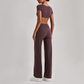 Wholesale Women's Short Sleeve Exposed Back Bra+Naked Feel Straight Leg Pants Yoga Set