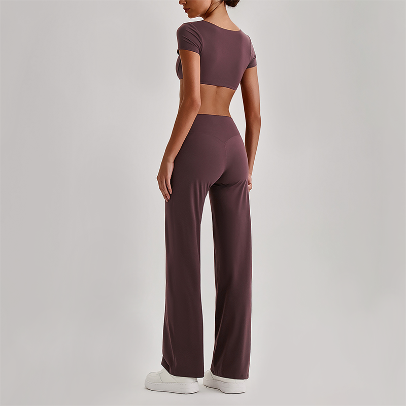 Wholesale Women's Short Sleeve Exposed Back Bra+Naked Feel Straight Leg Pants Yoga Set