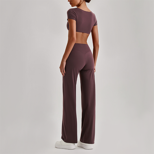 Wholesale Women's Short Sleeve Exposed Back Bra+Naked Feel Straight Leg Pants Yoga Set
