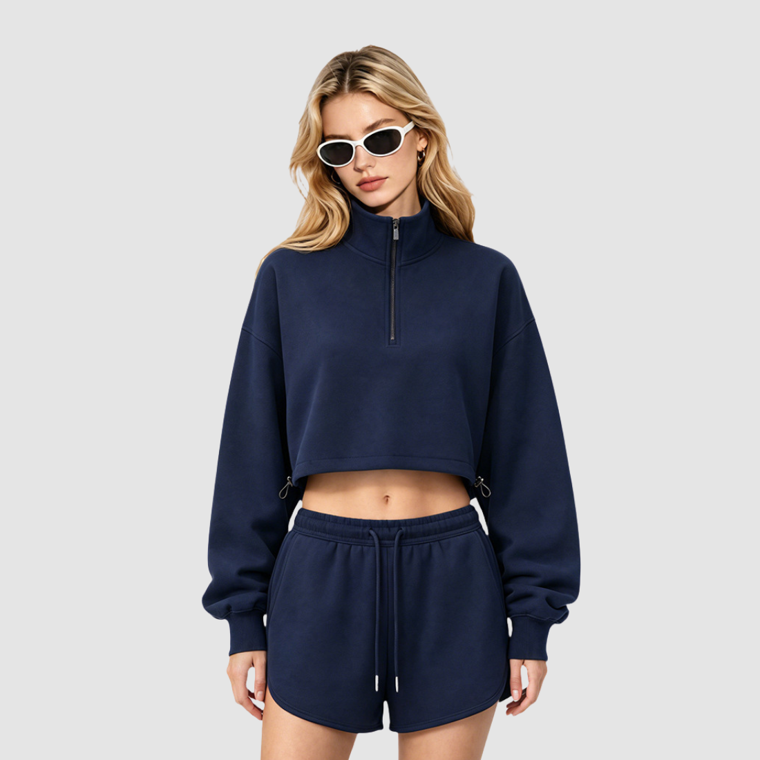 Wholesale RS Stand-Collar Half-Zip Top + Drawstring Shorts Set