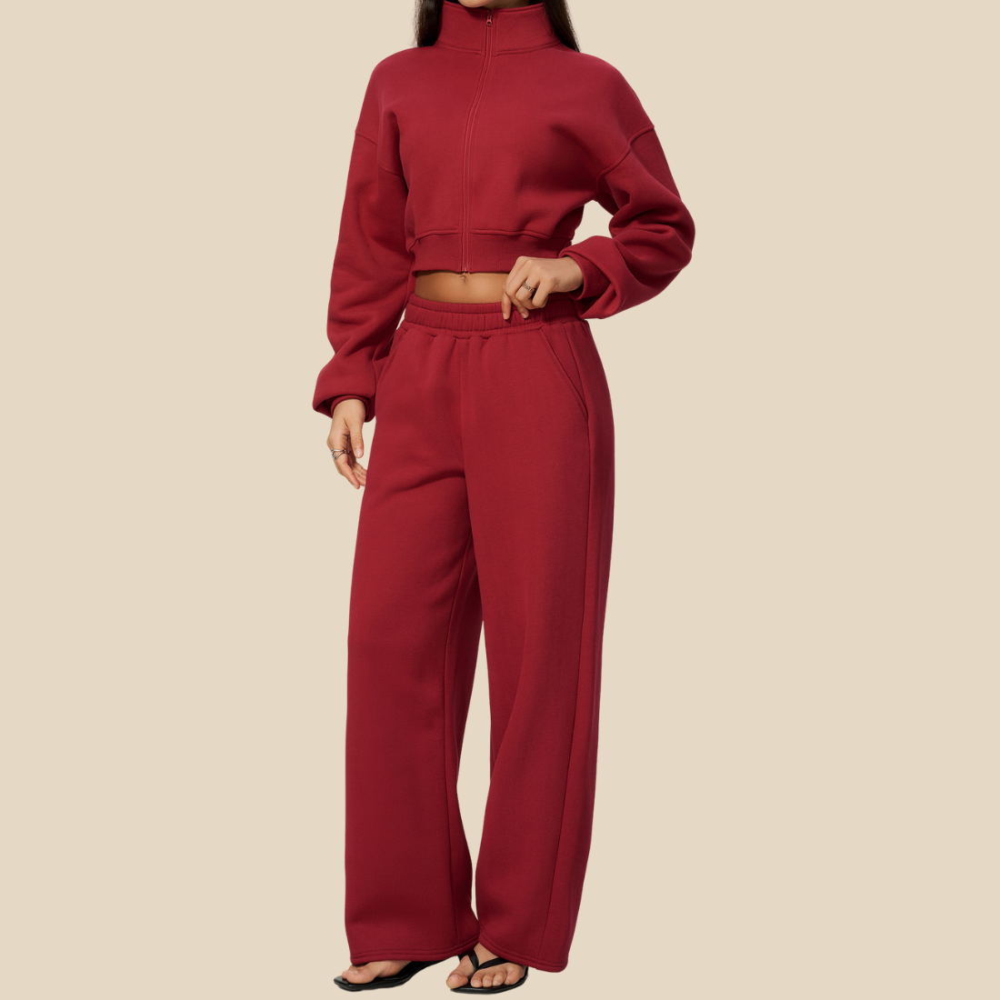 Wholesale Women's Activewear High-neck zip-up Jacket+Fleece-lined wide-leg pants Set