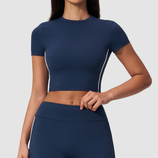 Wholesale Women's Brushed Contrast Piping Short Sleeve Crop Top – Moisture-Wicking Yoga Gym Fitness