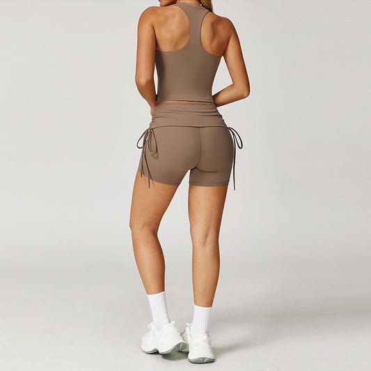 Nude Racerback yoga bra + High-waisted shorts 2-piece set