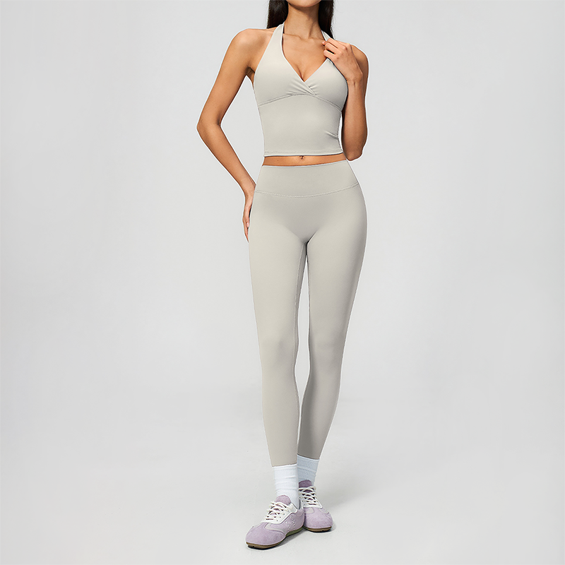 Wholesale Women's Cream-Feel Fleece Deep-V Halter Neck Tank Top & Leggings Set
