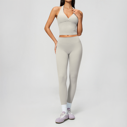 Wholesale Women's Cream-Feel Fleece Deep-V Halter Neck Tank Top & Leggings Set