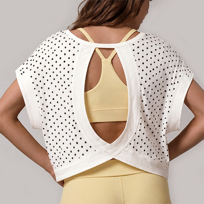 Wholesale Women's Hollow Polka Dot Yoga Cover-Up – Loose Fit Open-Back Short Sleeve Gym Top