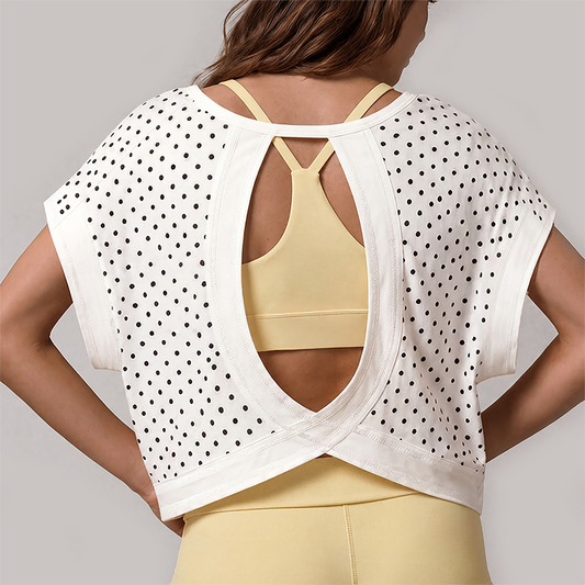 Wholesale Women's Hollow Polka Dot Yoga Cover-Up – Loose Fit Open-Back Short Sleeve Gym Top