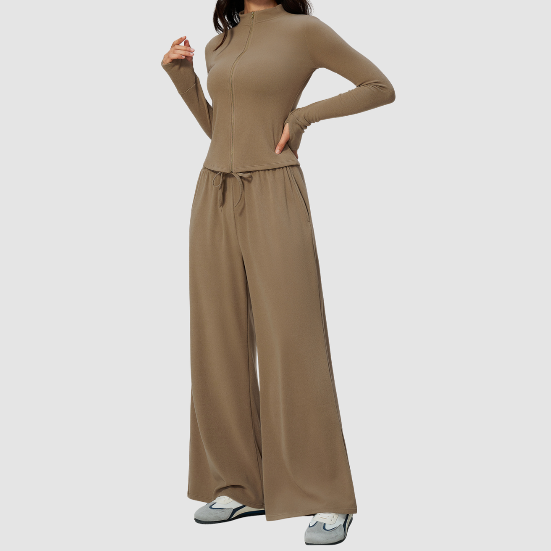 Wholesale Women's Stand-Collar Zip Jacket & Wide-Leg Pants Yoga Set