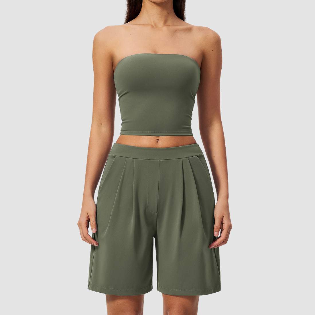 Wholesale Women’s Tube Top & Relaxed Shorts Yoga Set – Moisture-Wicking
