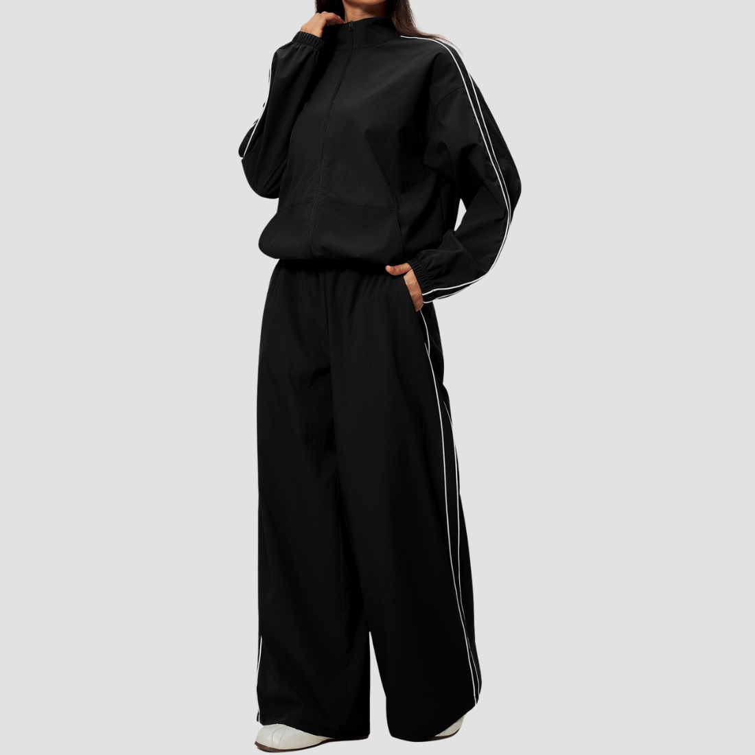 Wholesale Women's Stand-Collar Zip Jacket and Wide-Leg Long Pants Set