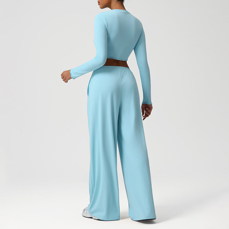 Snug-Fit Cropped Long Sleeves + Loose Drawstring Wide-Leg Pants 2-Piece Set