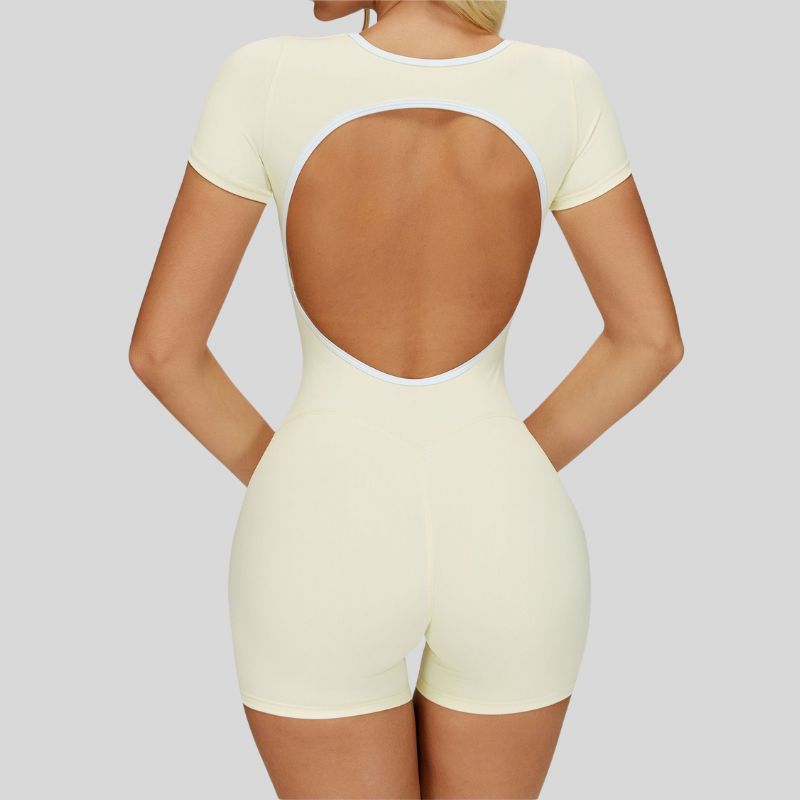 Contrasting backless yoga bodysuit.