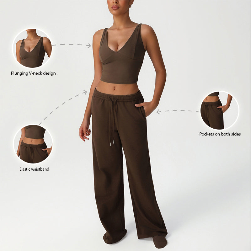 V-Neck Crop Top + Loose Sports Pants 2-Piece Set