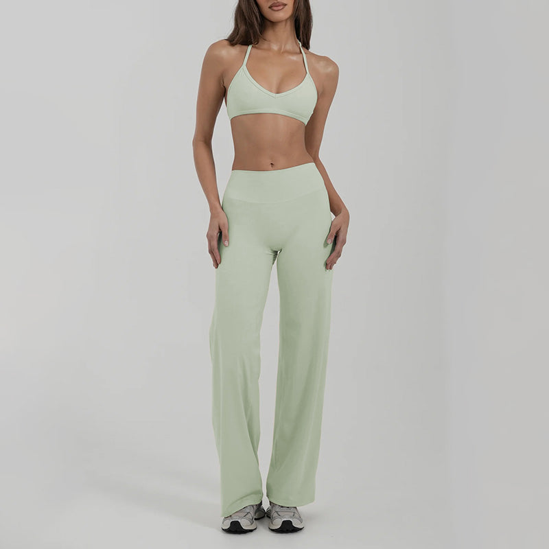 Halter-neck backless bra + loose wide-leg pants 2-piece set