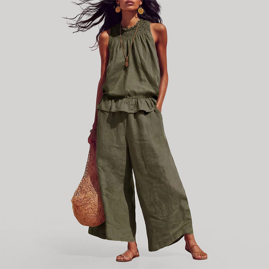 Wholesale Women's Ruffle Neck Sleeveless Top & Wide-Leg Pants Vacation Set