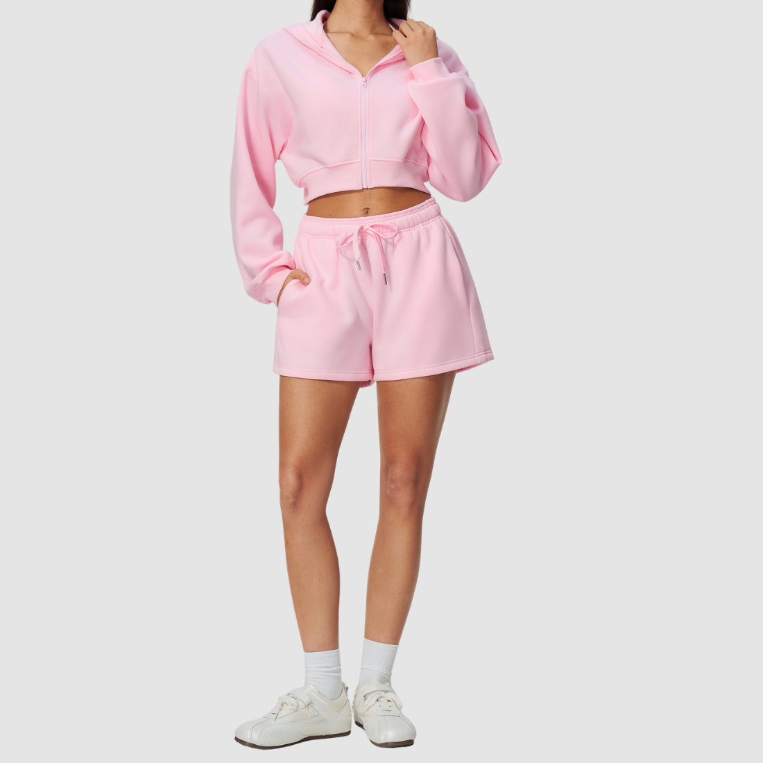 Wholesale Women's Relaxed Fleece-Lined  Zip Up Hoodie & Sweat Shorts Set