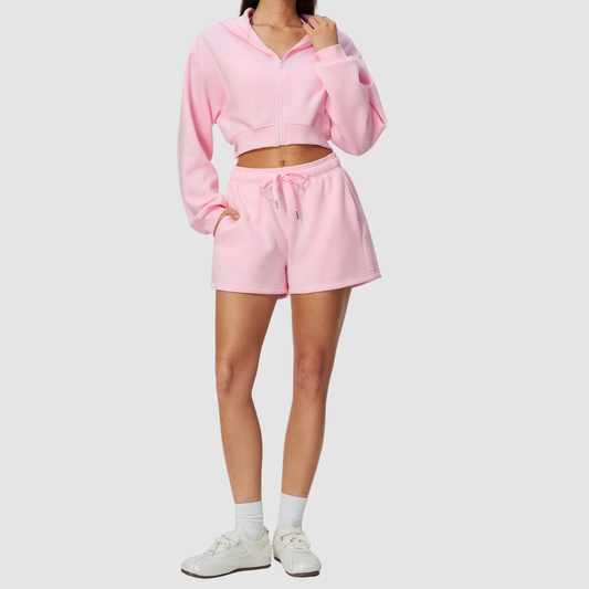 Wholesale Women's Relaxed Fleece-Lined  Zip Up Hoodie & Sweat Shorts Set