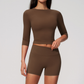 Wholesale Women's 3/4 Sleeve Crop Top & Biker Shorts Set – Seamless Yoga Activewear