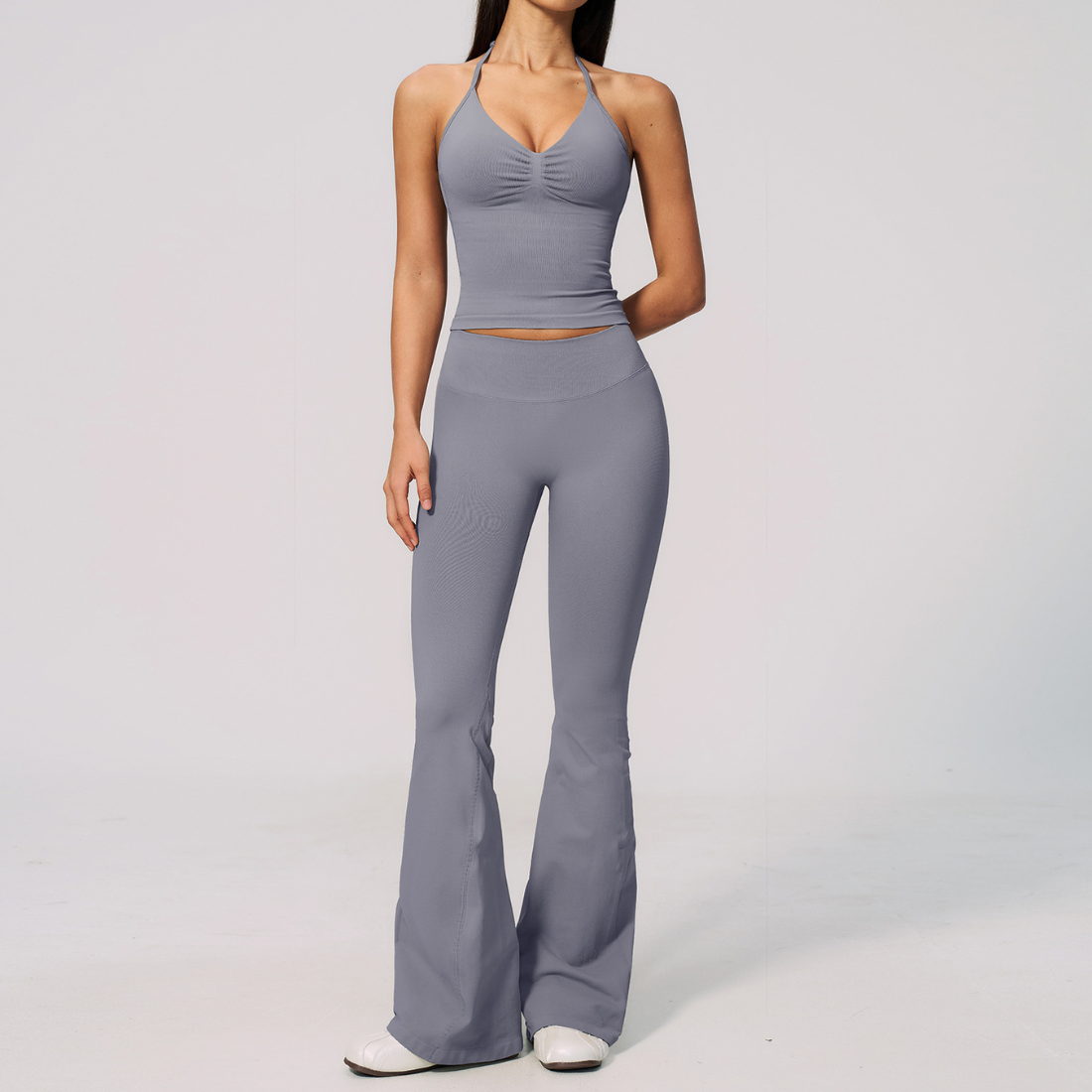 Wholesale Women's Seamless Yoga Set: Strappy Tank Top & Flare Pants – High-Stretch w/ Chest Pad