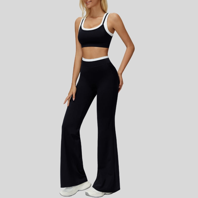 Contrast color sports bra + sport slightly flared pants 2-piece set