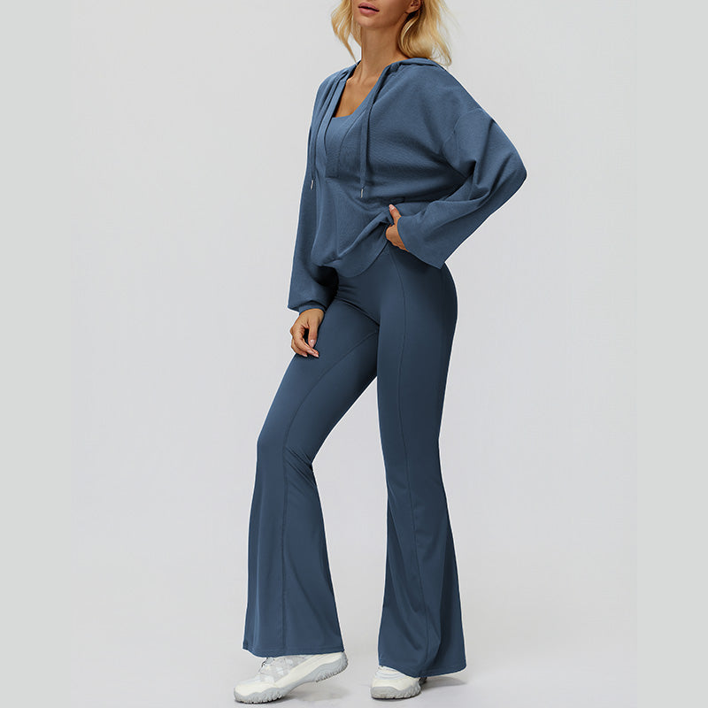 V-neck large hooded jacket+Sports tank top+High-waisted pleated back pants 3-piece set