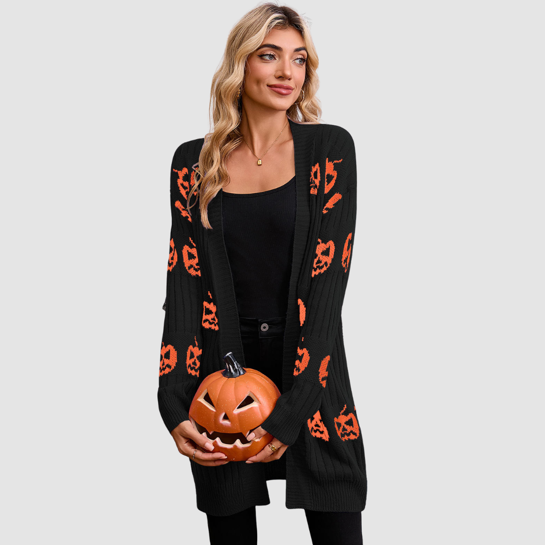 Wholesale Women's V-Neck Long Sleeve Halloween Witch Pumpkin Jacquard Cardigan