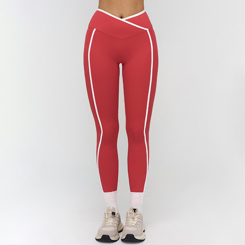 Women's contrasting color cross-waist leggings