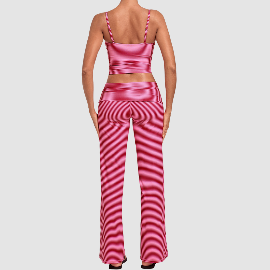Wholesale Women's Activewear Retro Print Fold-Over Waist Top & Straight-Leg Pants Set