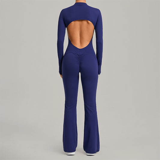 Zipper long sleeved backless fitness jumpsuit