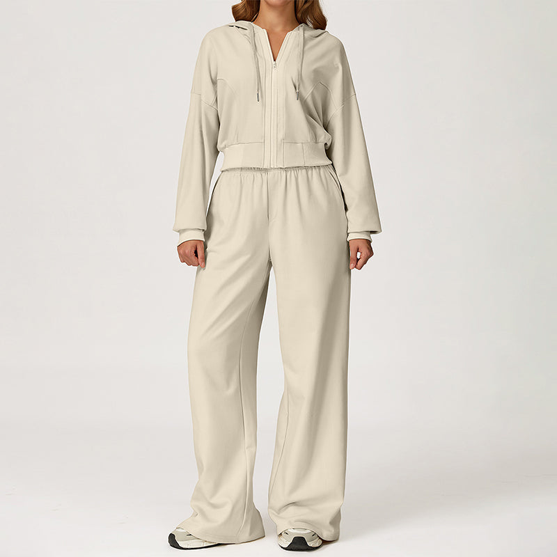 LOOSE HOODED AND FULL ZIPPER SWEATSHIRT + DRAWSTRING SWEATPANTS 2 PIECES SET