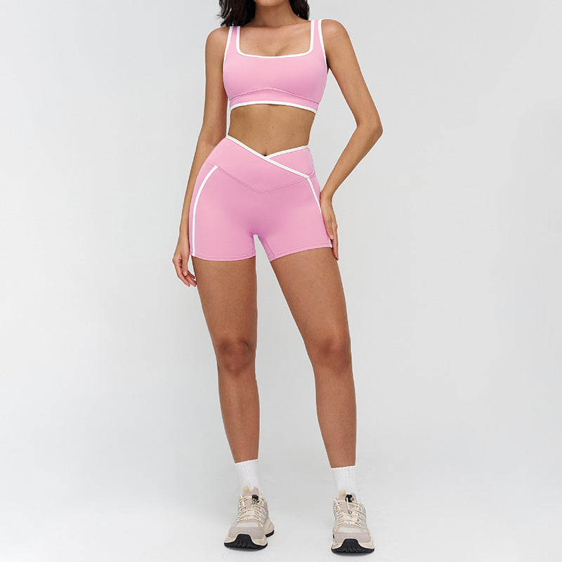 Women's contrasting color sports bra + high-waisted shorts 2-piece set