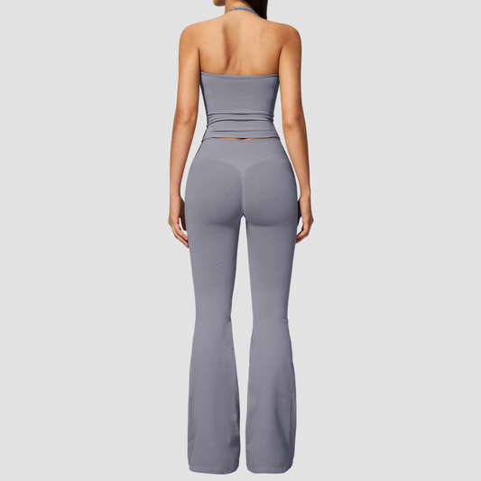 Wholesale Women's Seamless Yoga Set: Strappy Tank Top & Flare Pants – High-Stretch w/ Chest Pad