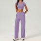 Top de yoga sportif à manches courtes à sec rapide + pantalon de jambe droite lâche 2 pièces