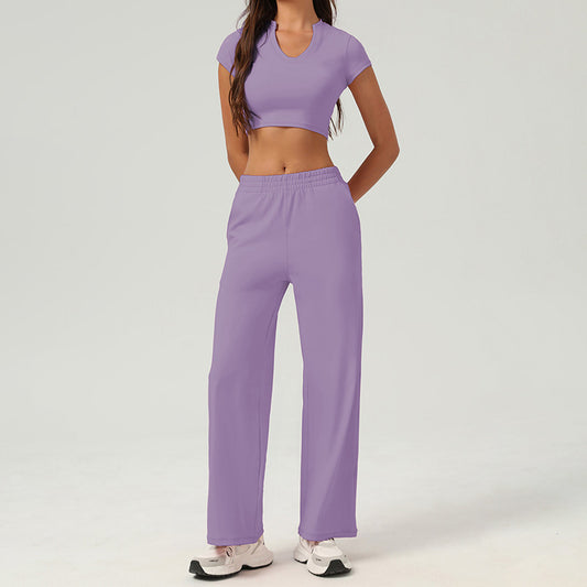 Quick-Dry short-sleeved sports yoga top+loose Straight Leg pants 2 pieces set