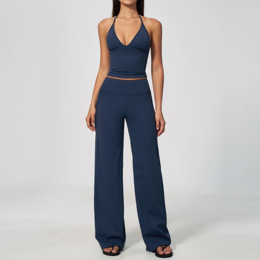 Wholesale Deep V Halter Neck Sweat-Wicking Breathable Fashion Casual Flared Fitness Set
