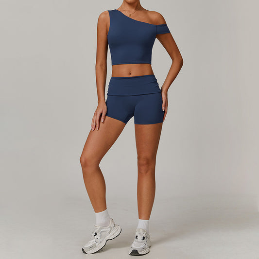 Irregular one shoulder tank top + High-waisted shorts 2-piece set