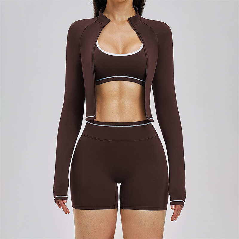 Color blocking Sports jacket+Sport Bra+High waisted shorts 3-piece set