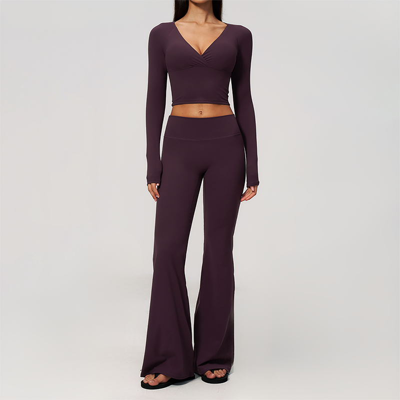 Wholesale Women's Cream-Feel Fleece Long Sleeve Top & High waisted flared Pants Set