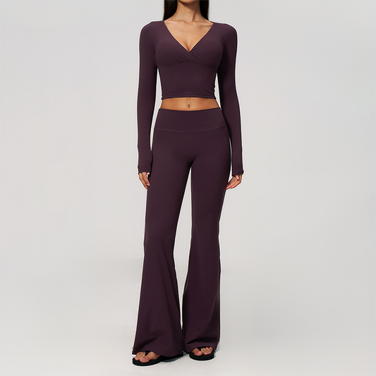 Wholesale Women's Cream-Feel Fleece Long Sleeve Top & High waisted flared Pants Set