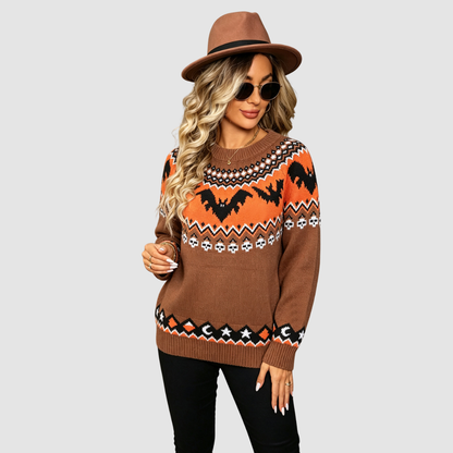 Wholesale Women's Halloween Witch Bat Jacquard Knit Sweater – Round-Neck Raglan Pullover