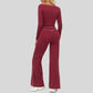 Color-blocked long-sleeved sports top+ High-waisted wide-leg pants 2-piece set