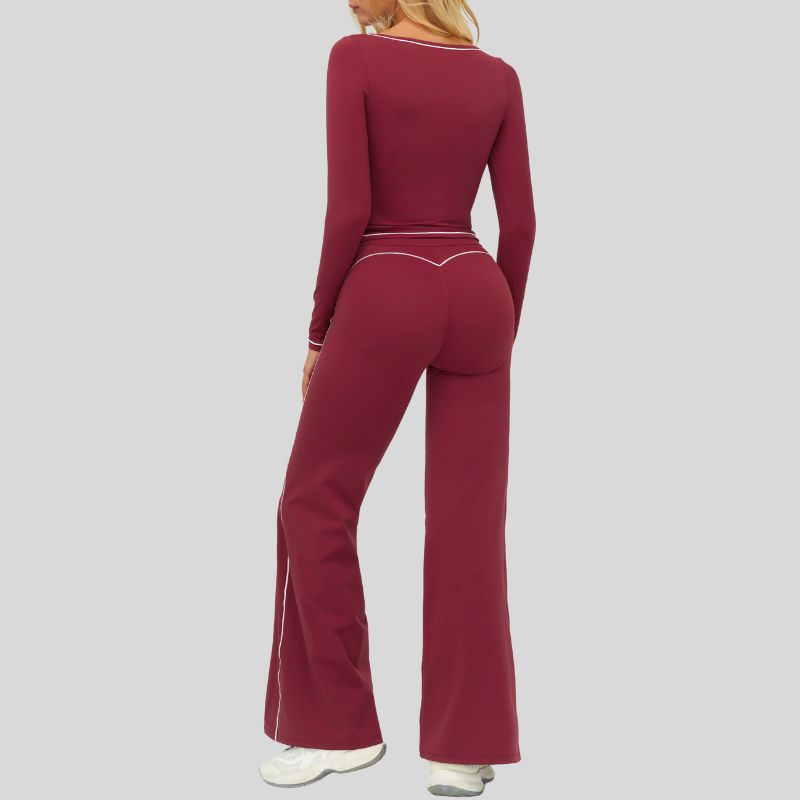 Color-blocked long-sleeved sports top+ High-waisted wide-leg pants 2-piece set