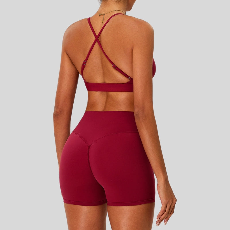 Strap bra + high-waisted shorts 2-piece set