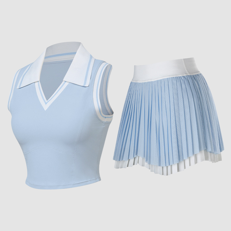 Wholesale Women's Sleeveless Tank Top & Double-Layer Pleated Skirt Set – Built-In Bra Anti-Exposure Tennis Golf Outfit
