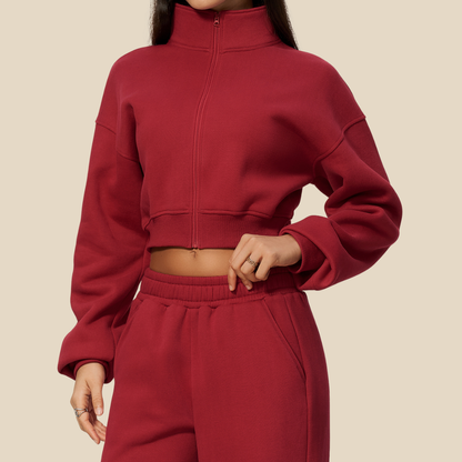 wholesale Women's Activewear Fleece-Lined Stand-Collar Zip Cropped Jacket